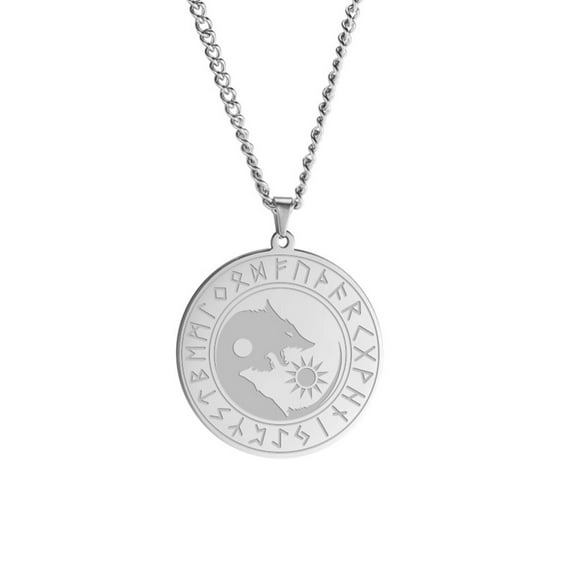 EUEAVAN Viking Runes Wolf Stainless Steel Necklace Silver Yin Yang Wolf Pendant Vintage Jewelry
