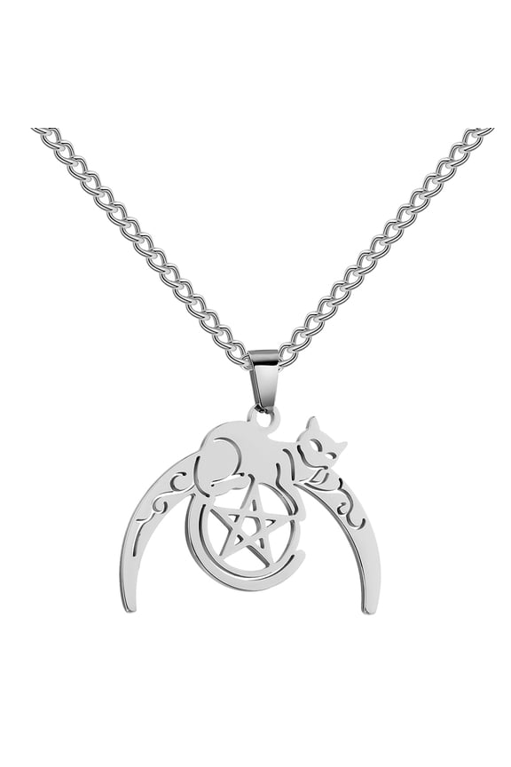 Witchcraft Crescent Moon Cat Necklaces Stainless Steel Pentagram Pagan Jewelry Gift