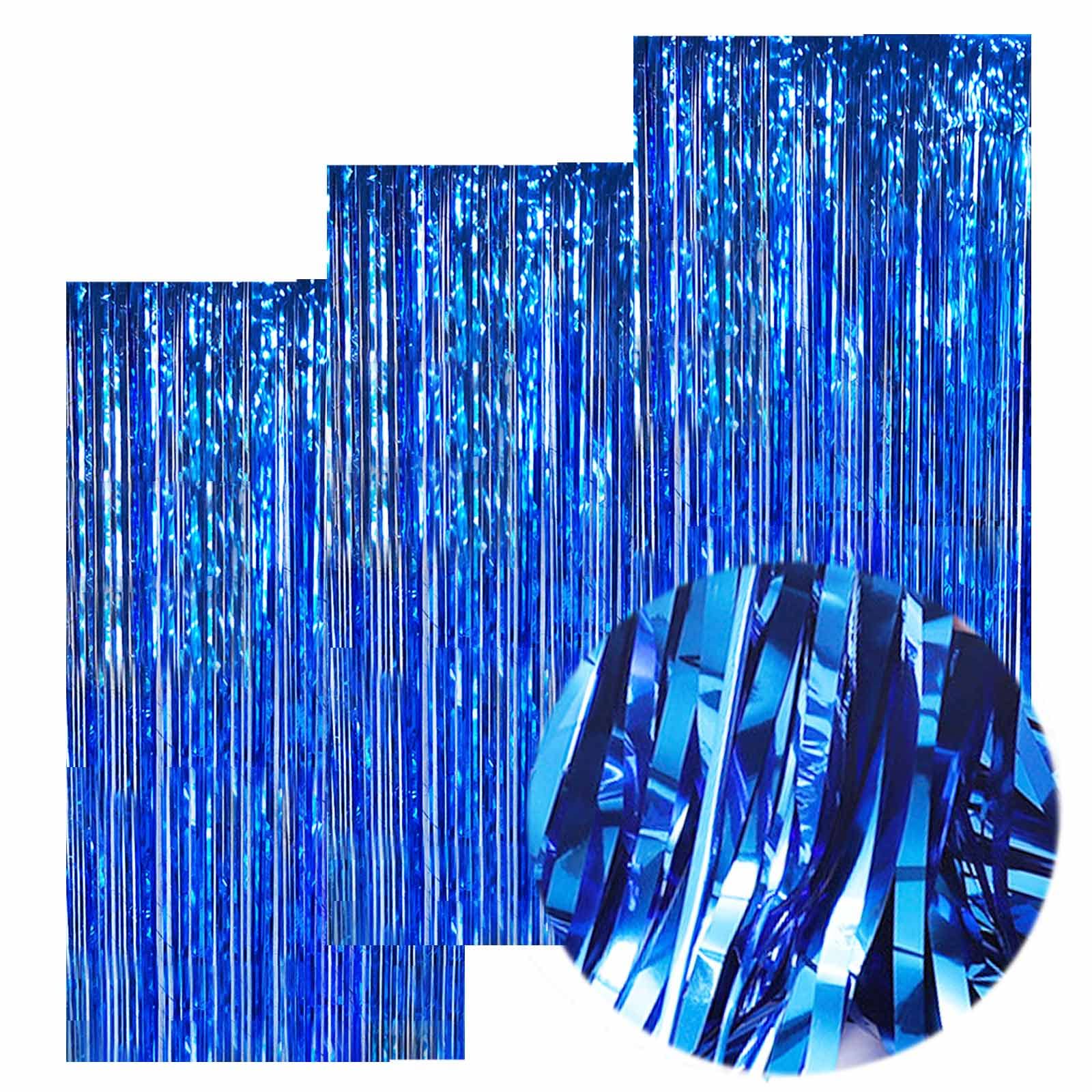 EUFARS Blue Foil Fringe Curtains, Blue Streamers Backdrop, 3Packs 3.2ft