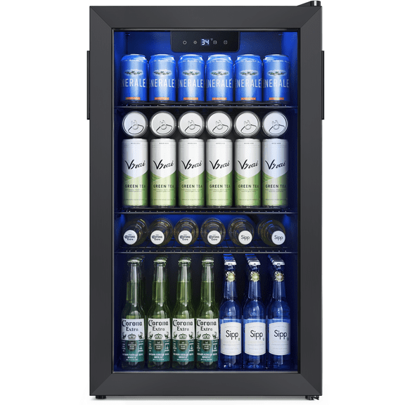 EUHOMY 125 Can Beverage Refrigerator and Beverage Cooler with Glass Door for Home, 17.3 in D, 31.5 in H, Black