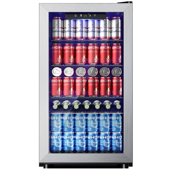 EUHOMY 125 Can Beverage Refrigerator and Cooler with Glass Door for Home, 17.3 in D, 31.5 in H, Silver