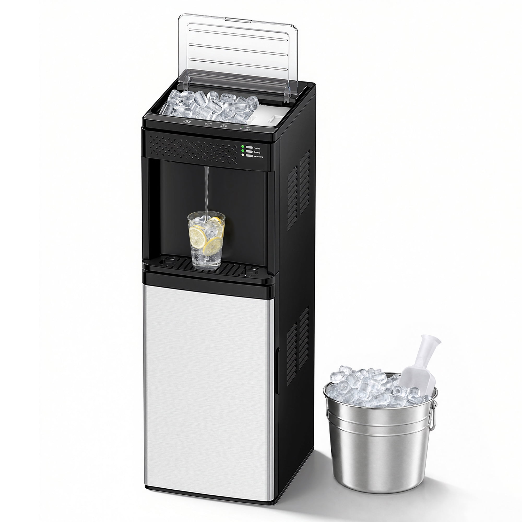 EUHOMY 4-in-1 Water Dispenser with Ice Maker, Cold Hot & Room Temperature Water, Child Safety Lock, Compatible with 3–5 Gallon Bottles for Home/Office, Black and Silver