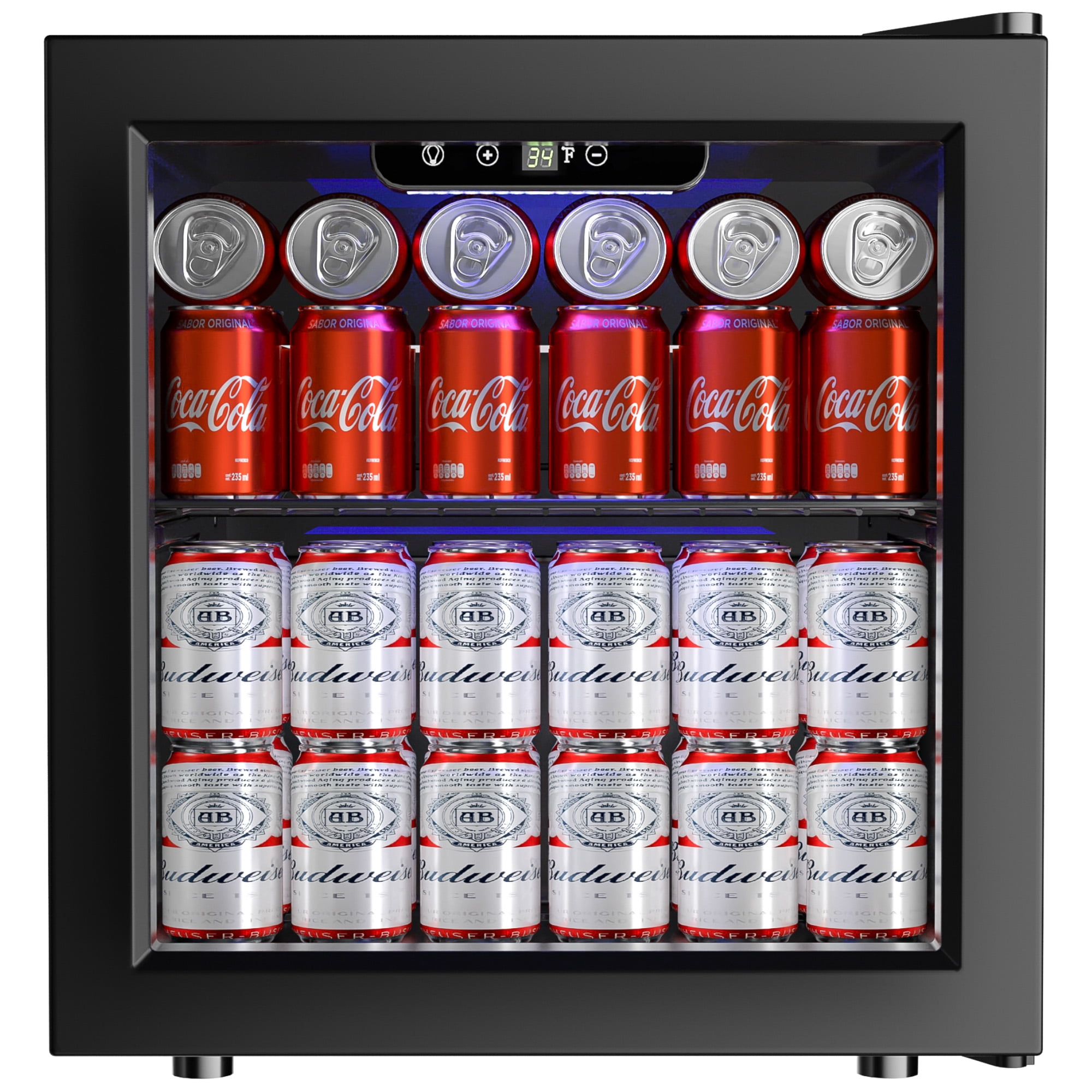 EUHOMY 50 Can Beverage Refrigerator Cooler, Countertop Mini Fridge with Adjustable Shelves Blue LED