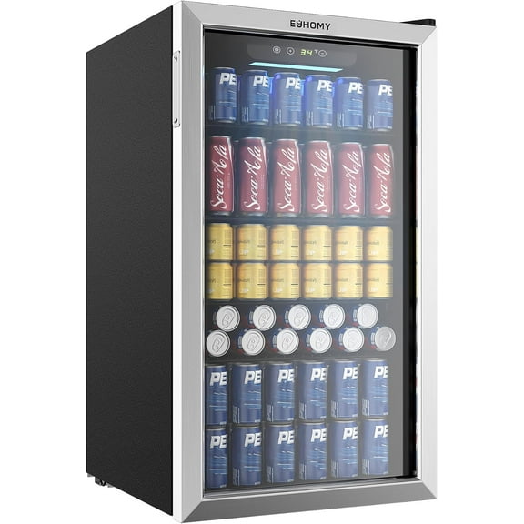EUHOMY Beverage Refrigerator Cooler, 130 Can Mini Fridge with Glass Door for Soda Beer or Wine, Beverage Cooler for Home, Office, Bar with Adjustable Removable Shelves, Silver