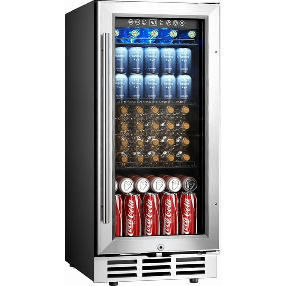EUHOMY Beverage Refrigerator Cooler Under Counter 126 Cans Beverage Fridge Built-in or Freestanding with Glass Door, LED Light