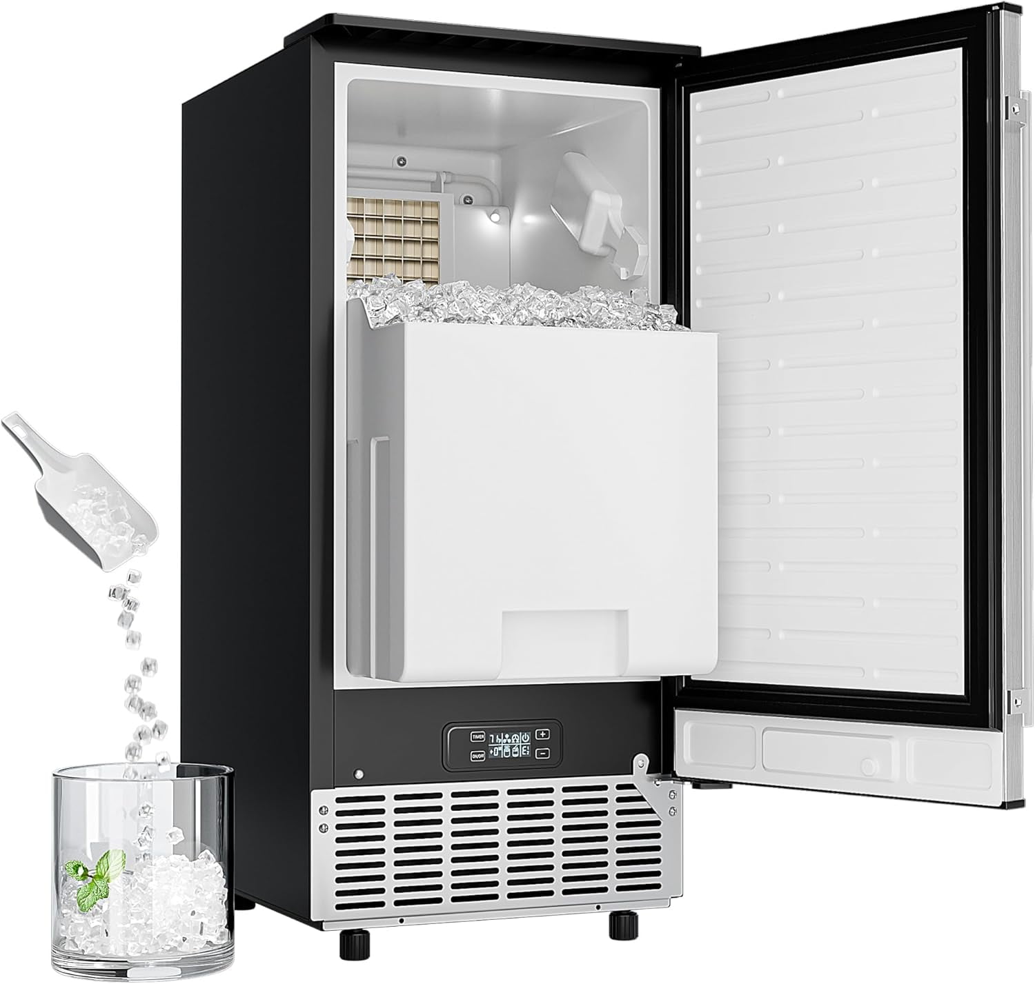 EUHOMY Commercial Under Counter Ice Maker Machine,80 Lb/Day Auto-Cleaning & 24H Timer, Gravity Drainage,Stainless Steel Built-in Freestanding Ice Maker, 24 Lb Storage, Ideal for Commercial & Home Use