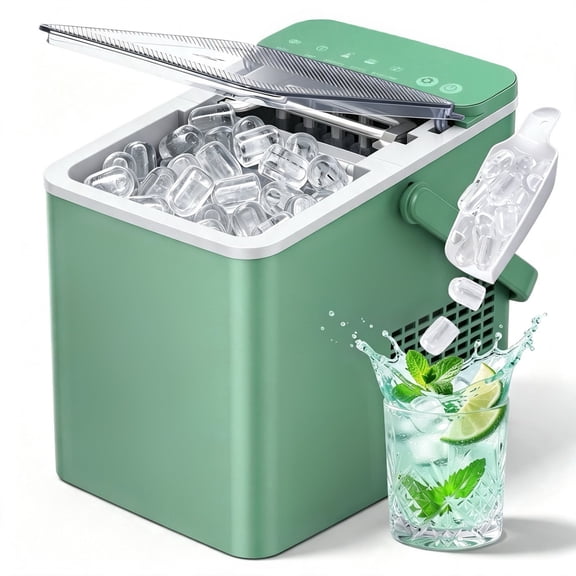 EUHOMY Countertop Ice Maker with Handle, 26 lbs/Day Portable Ice Machine, 9 Bullet Cubes in 6 Minutes, 2 Ice Sizes, Self-Cleaning, 1.1L Water Tank, Green
