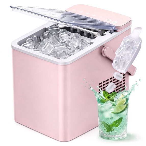 EUHOMY Countertop Ice Maker with Handle, 26 lbs/Day Portable Ice Machine, 9 Bullet Cubes in 6 Minutes, 2 Ice Sizes, Self-Cleaning, 1.1L Water Tank, Pink