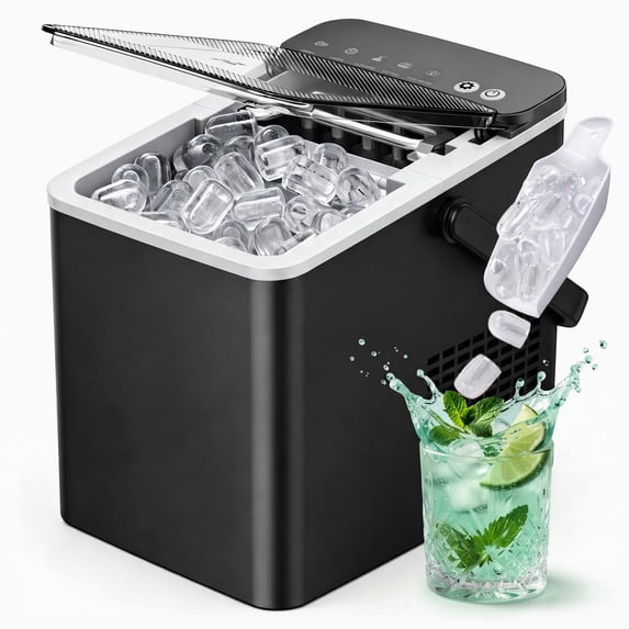 EUHOMY Countertop Ice Maker with Handle, 26 lbs/Day Portable Ice Machine, 9 Bullet Cubes in 6 Minutes, 2 Ice Sizes, Self-Cleaning, 1.1L Water Tank, Black