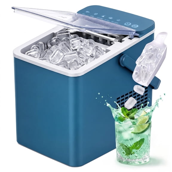 EUHOMY Countertop Ice Maker with Handle, 26 lbs/Day Portable Ice Machine, 9 Bullet Cubes in 6 Minutes, 2 Ice Sizes, Self-Cleaning, 1.1L Water Tank, Blue