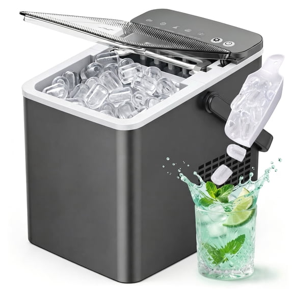 EUHOMY Countertop Ice Maker with Handle, 26 lbs/Day Portable Ice Machine, 9 Bullet Cubes in 6 Minutes, 2 Ice Sizes, Self-Cleaning, 1.1L Water Tank, Grey
