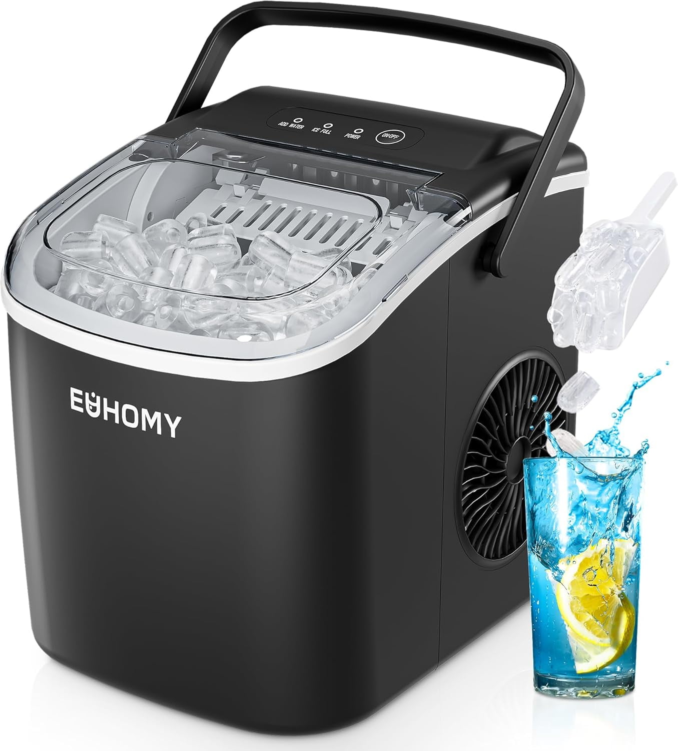 EUHOMY Countertop Ice Maker Machine with Handle, 26.4lbs Per Day, 9 Ice Cubes Ready in 6 Mins, Auto-Cleaning Portable Ice Maker with Basket and Scoop, for Home/Kitchen/Camping/RV (Black)