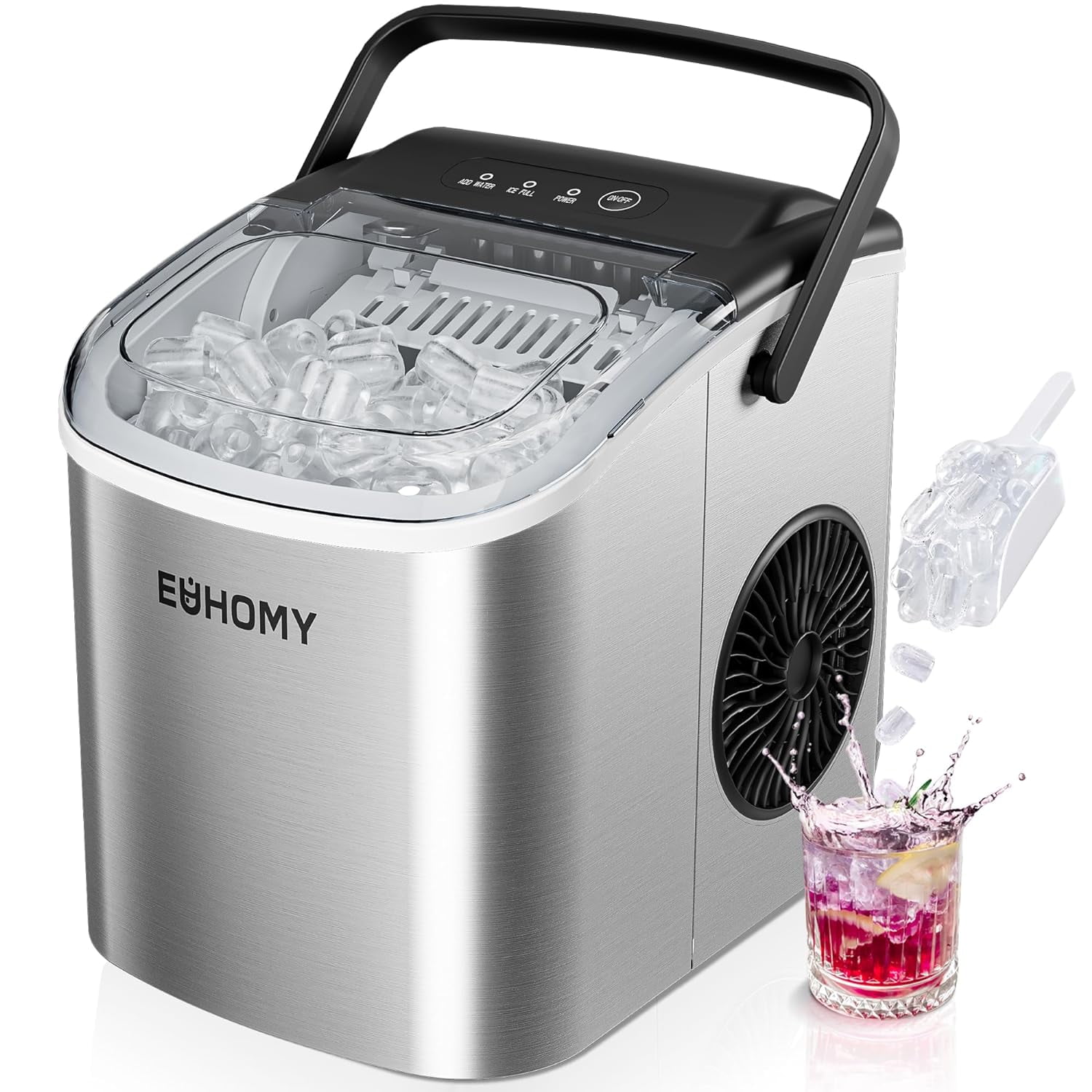 EUHOMY Countertop Ice Maker Machine with Handle, 26lbs in 24Hrs, 9 Ice