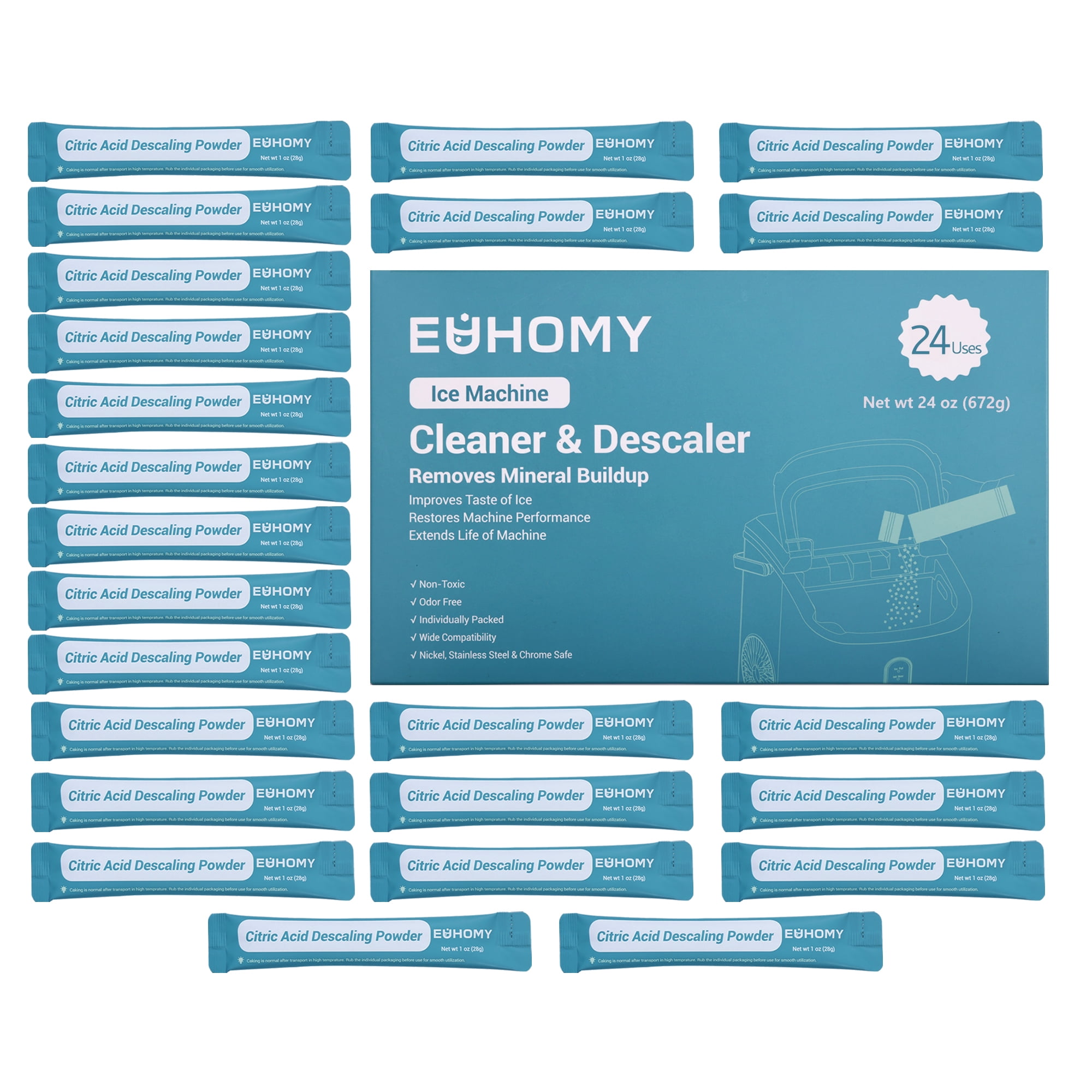 EUHOMY Ice Machine Cleaner, Compatible with All Major Brands, 24 Use, Individually Packed, 1 Pack, Organic Citric Acid Descaling Powder for Ice Maker Cleaning
