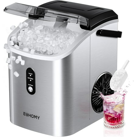EUHOMY Nugget Ice Maker Countertop with Handle, Ready in 6 Mins, 34lbs Per Day, Removable Top Cover, Auto-Cleaning, Portable Sonic Ice Maker with Basket and Scoop, for Home/Party/RV/Camping (Silver)