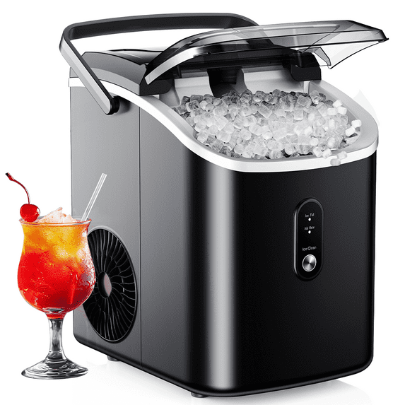 EUHOMY Nugget Ice Maker Countertop with Handle, Ready in 6 Mins, 34.5 lbs Per Day, Removable Top Cover, Auto-Cleaning, Black