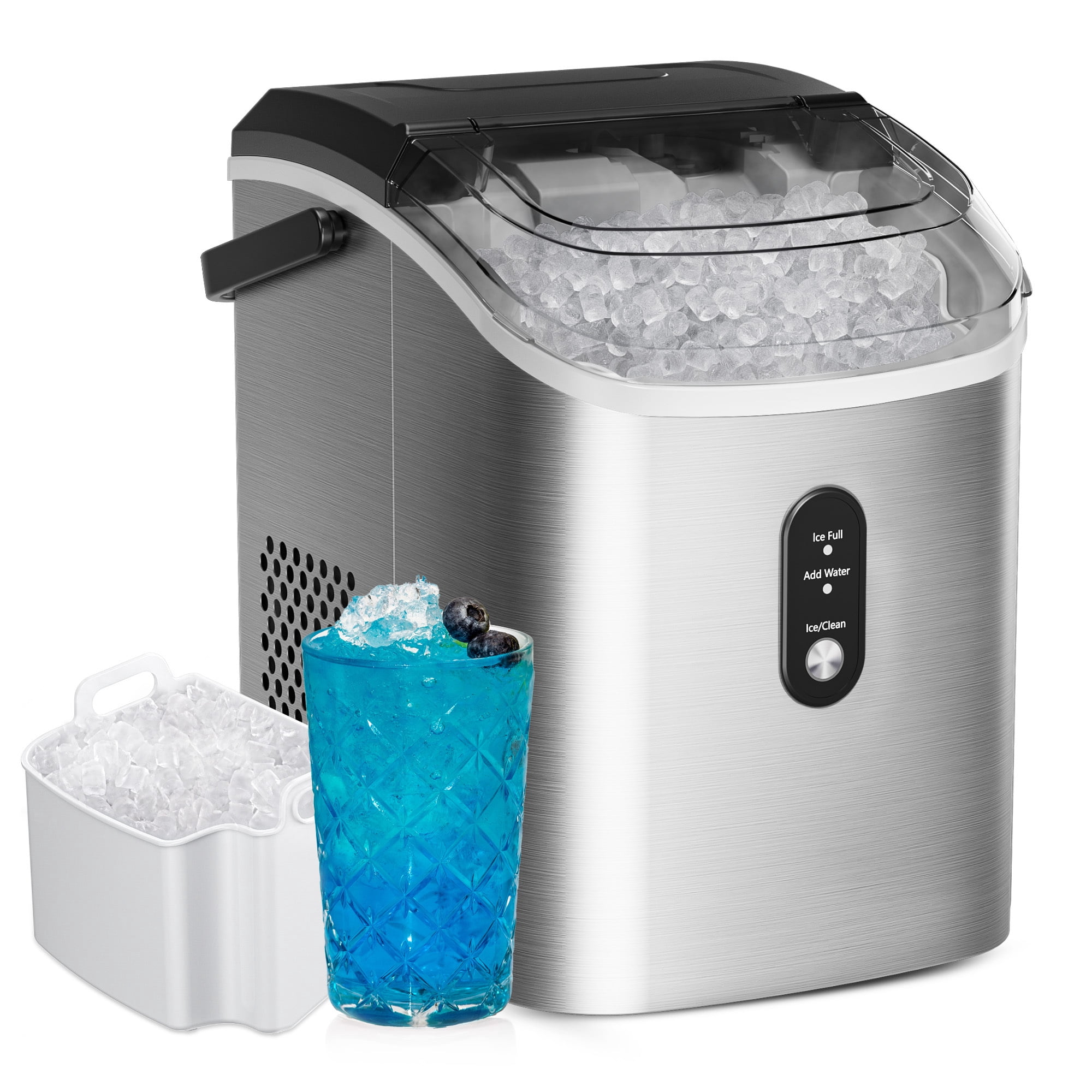 EUHOMY Chewable Nugget Ice Maker, 34.5lbs/24H, Portable Countertop Ice Machine with Handle & Self-Cleaning, Silver
