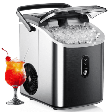 EUHOMY Nugget Ice Maker Countertop with Handle, Ready in 6 Mins, 34.5 lbs Per Day, Removable Top Cover, Auto-Cleaning, Silver