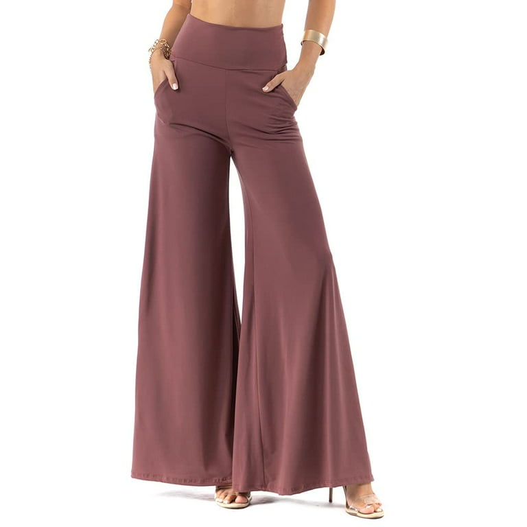EUNANARA Women’s Casual Palazzo Pants High Waisted Flared Wide Leg Stretch  Comfy Lounge Trousers with Pockets Made in USA UX1001 Mauve 2X