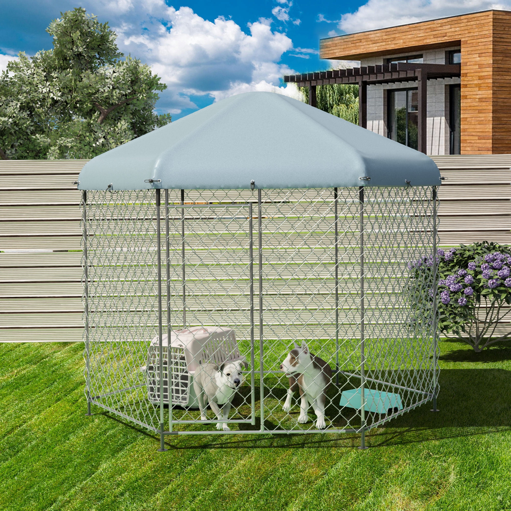 EUNHOO Kennel for Large Dogs,6.9'L x 6.9'W x 7.5'H Outdoor Dog Fence for Yard,Dog House Outside for Big Dog Run,Dog Enclosure with Roof