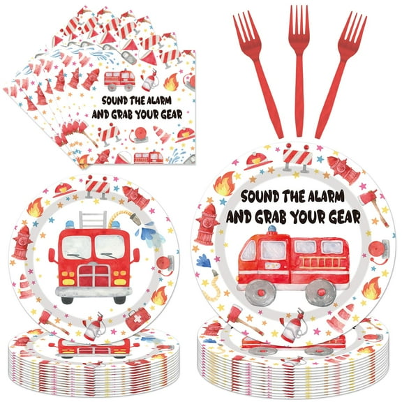 EUOYUFO Firetruck Birthday Party Decorations - KKS196PCS Fire Truck Plates and Napkins Party Supplies Firefighter Birthday Decorations Fireman Themed Disposable Tableware Set Serve 24 Guests