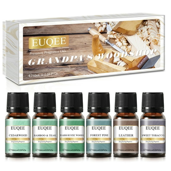 EUQEE 6PCS Fragrance Oils Gift Set Grandpa's Woodshop Scented Oil - Forest Pine, Warm Rustic Woods, Bamboo & Teak, Cedarwood, Leather, Sweet Tobacc, for Diffuser, Soap Making, Candle