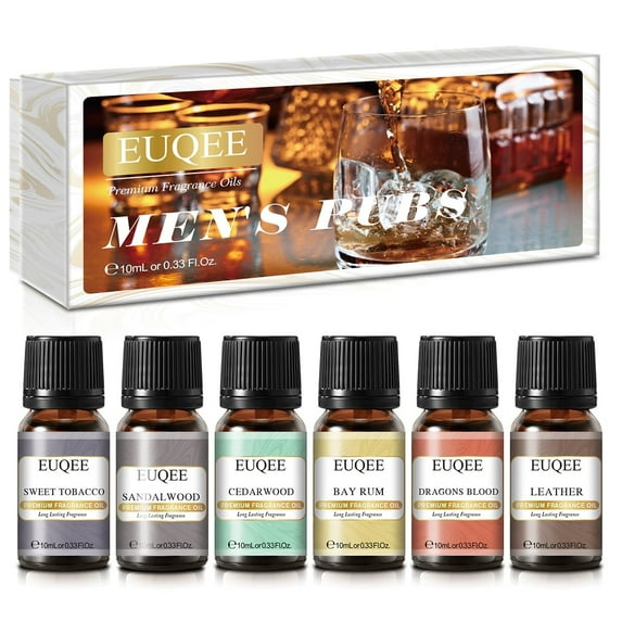 EUQEE 6PCS Fragrance Oils for Men, Men's Pubs Gift Set Premium Grade Fragrance Oils -Leather, Sweet Tobacco, Dragons Blood, Sandalwood, Bay Rum, Cedarwood (10ml)