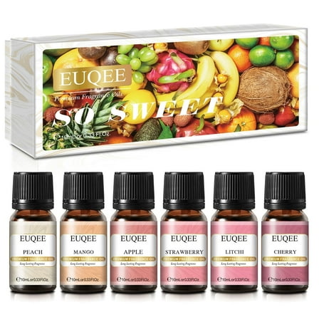 EUQEE 6PCS Premium Grade Fruit Fragrance Oils Gift Set for So Sweet - Strawberry, Cherry, Litchi, Apple, Mango, Peach - Scented Oils for Aromatherapy Diffuser, Candle Making, DIY