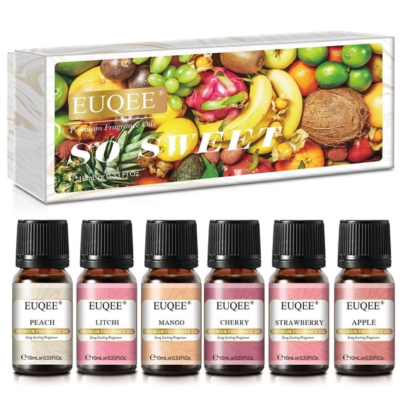 EUQEE 6Pcs Fruit Fragrance Oils Gift - Strawberry, Cherry, Litchi, Apple, Mango, Peach - Essential Oils for Candle Making, Diffuser, Diy