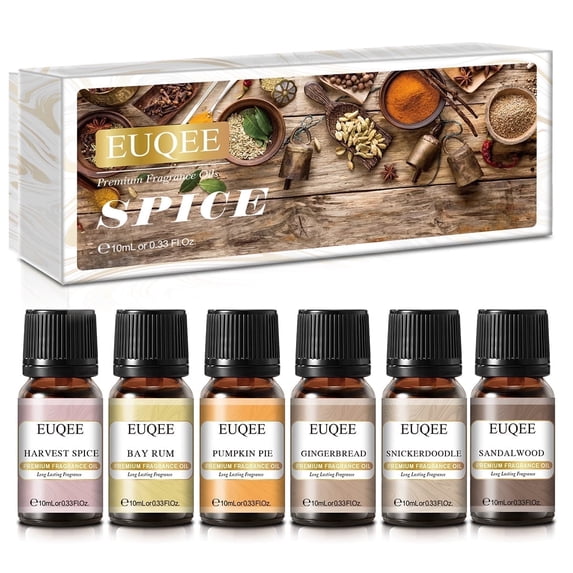 EUQEE 6Pcs Fragrance Oils Spice Set for Diffuser, Candle Scent Oils, Sandalwood, Harvest Spice, Gingerbread, Pumpkin Pie, Bay Rum, Snickerdoodle (10Ml)