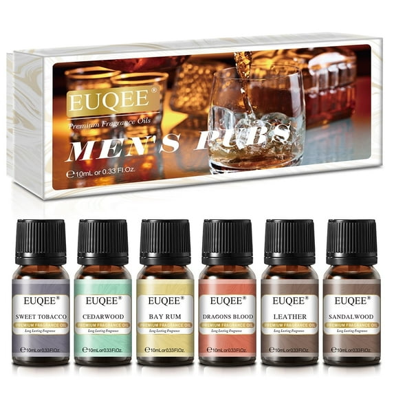 EUQEE 6pcs x 10ml Premium Fragrance Essential Oils Set - Leather, Sweet Tobacco, Dragons Blood, Sandalwood, Bay Rum, Cedarwood