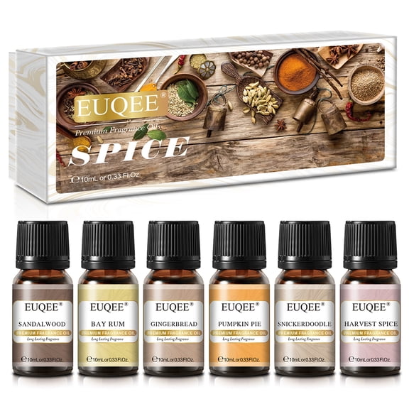 EUQEE 6x10ml Fragrance Oil Set, Scent Oils for Candle Making, Diffuser Home Fragrance, Sandalwood Pumpkin Pie Gingerbread Bay Rum Harvest Spice