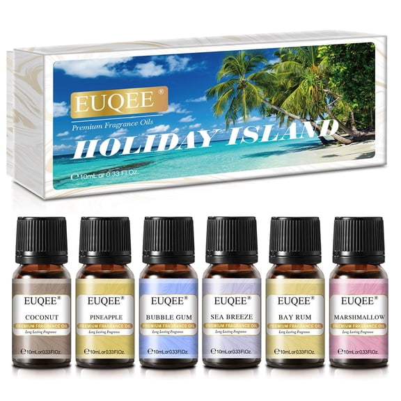 EUQEE 6PCS Holiday Island Fragrance Oils Set, Summer Fragrance Oils for Humidifier, Aromarathepy - 10ml - Pineapple, Coconut, Sea Breeze, Bubble Gum, Bay Rum, Marshmallow