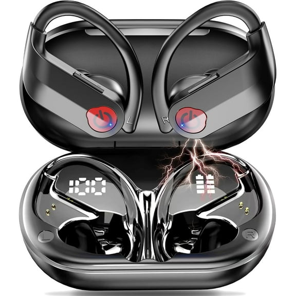EUQQ Ear Buds Wireless Bluetooth Earbuds, Noise Cancelling Headphones 120H Playtime Bluetooth 5.4 IPX7 Waterproof Sports with Earhooks,LED Display Wireless Earphones for Running Gym Workout-Black