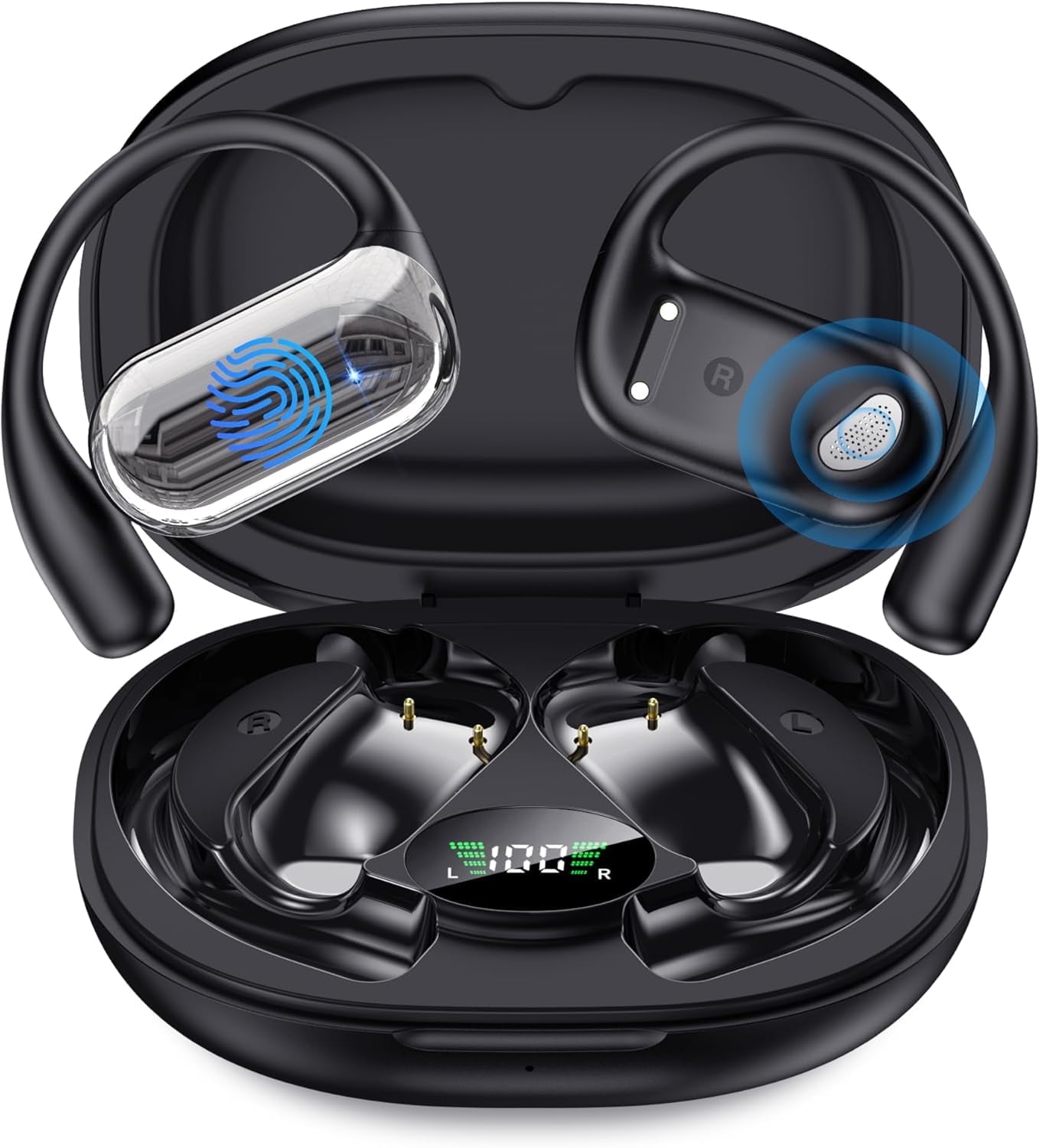 EUQQ Open Ear Bluetooth 5.4 Earbuds, Sport Over Earphones Wireless Headphones Built-in Mic with Ear Buds LED Display, Touch Control, IPX7 Waterproof Hook Design 50Hrs Playtime for Sports, Black