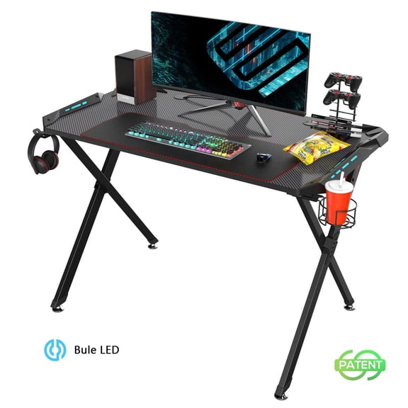 Eureka Ergonomic X1-S Gaming Computer Desk with Led Lights, Large Carbon Fiber Surface Cup Holder and Headphone Hook - Black