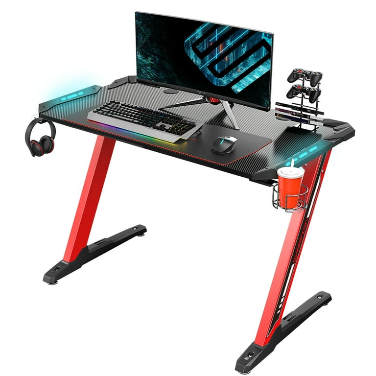 EUREKA ERGONOMIC Z1-S Pro Gaming Desk 44.5 Z Shaped Home Office PC  Computer Desks Gamer Tables with LED Lights Controller Stand Cup Holder  Headphone