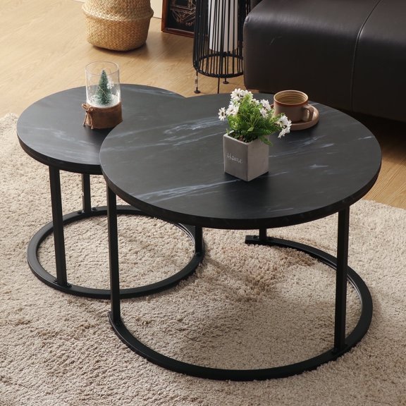 EURO SAKURA Round Nesting Coffee Table 27" Wood Metal Large Coffee Tables for Home Office, Black