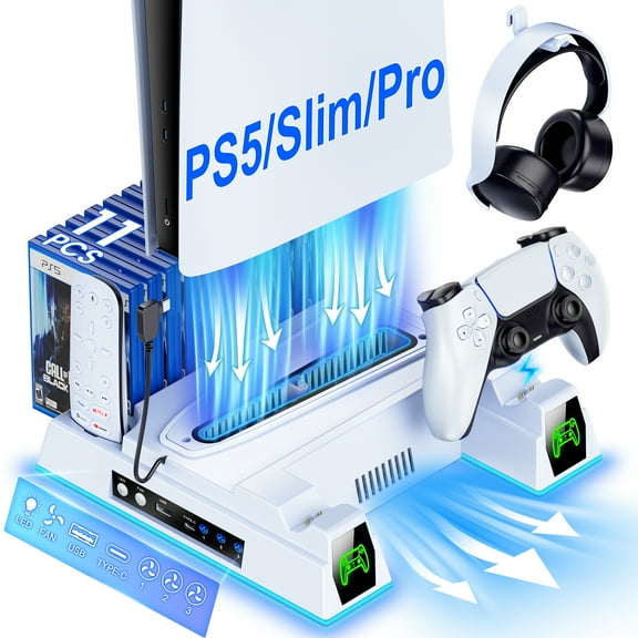 EUROA PS5 Stand Cooling Station for Playsation 5 Pro/Slim/PS5 Disc Digital Console, PS5 Accessories with Controller Charging Station