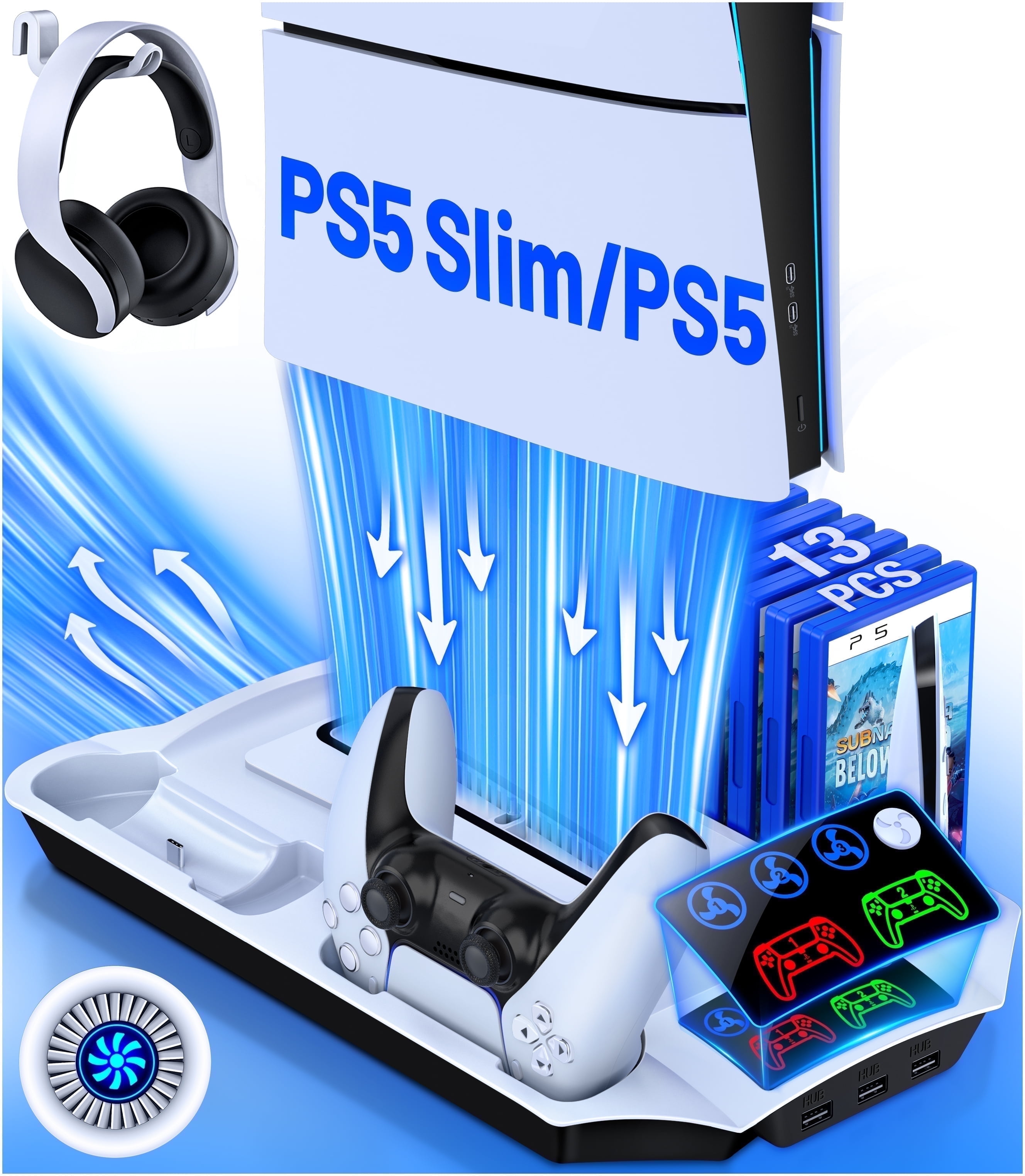EUROA PS5 Slim Stand and Cooling Station with Controller Charging Station for Playsation 5 Pro/PS5Slim/PS5 Disc Digital Console, PS5 Accessories