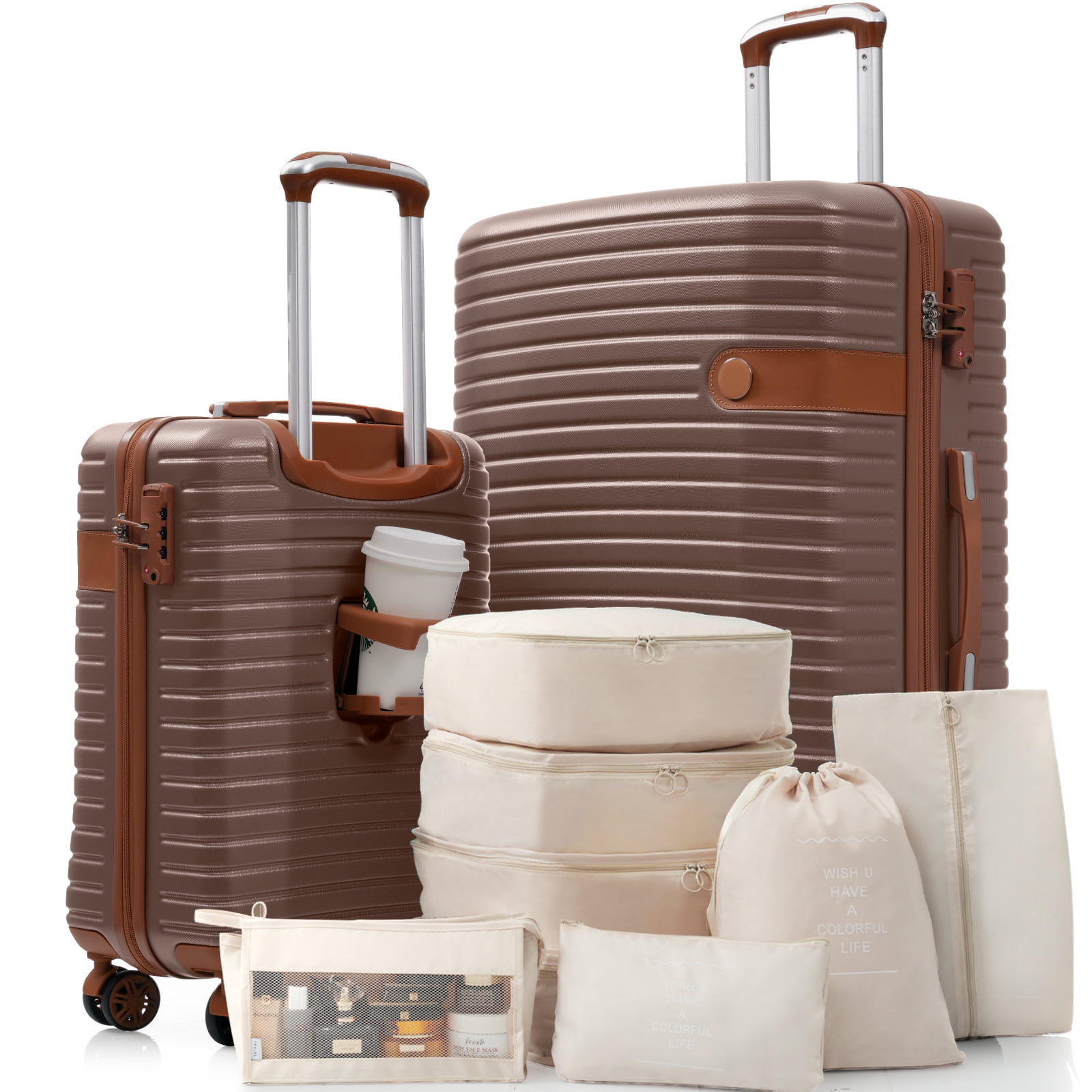 EUROCO 2 Piece Luggage Sets,ABS Hardshell Suitcase Set with 360° Spinner Wheels,TSA Lock and 8 Packing Cubes,Lightweight Durable Travel Suitcases for Women Men,Brown