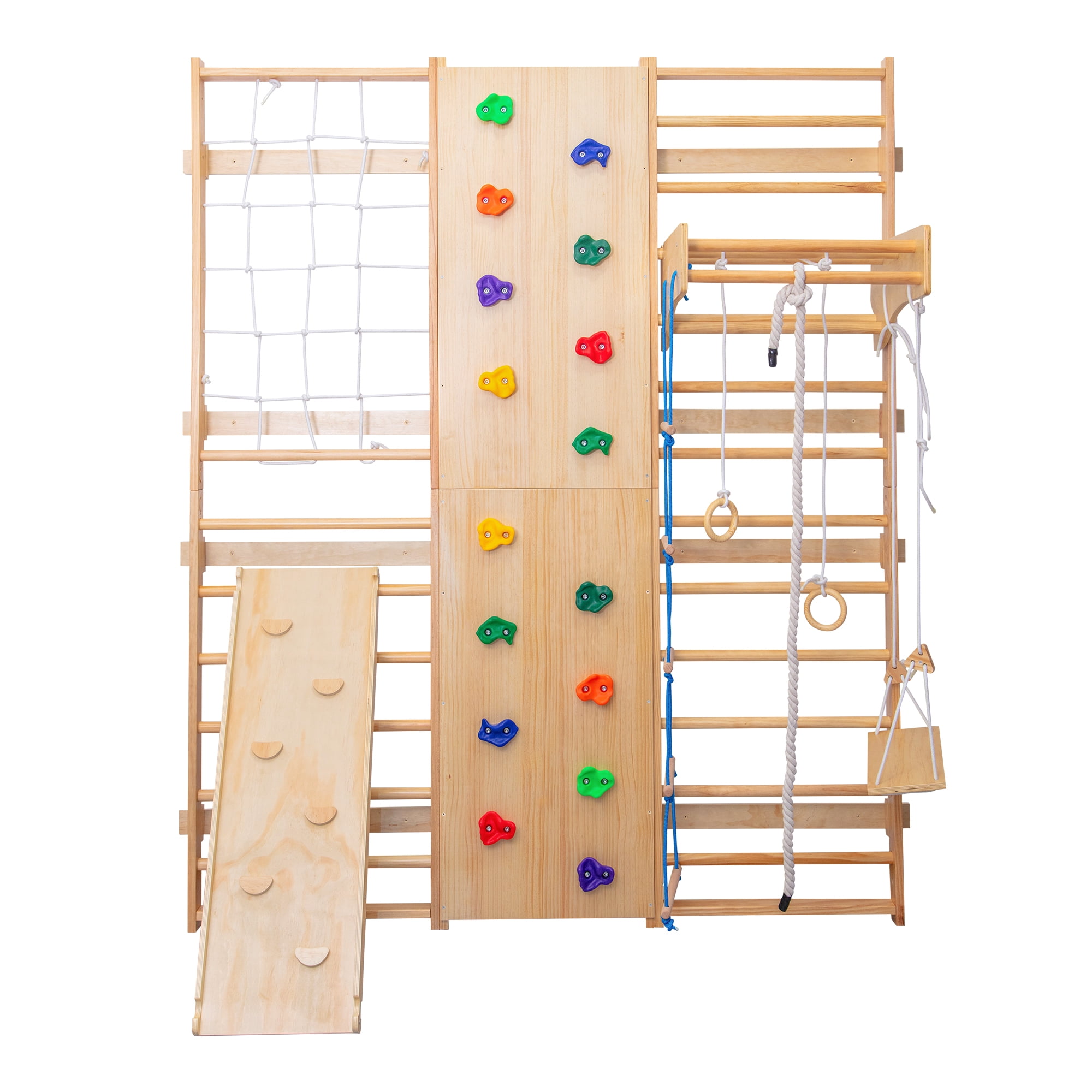 EUROCO 10-in-1 Wall-Mounted Wooden Playground Climbers, Indoor Jungle Gym for Kids, Ladder Wall Gym Set with Trapeze Swing, Rock Climbing Wall, Wooden Swings, Pull-up Bar and Rope Ladders