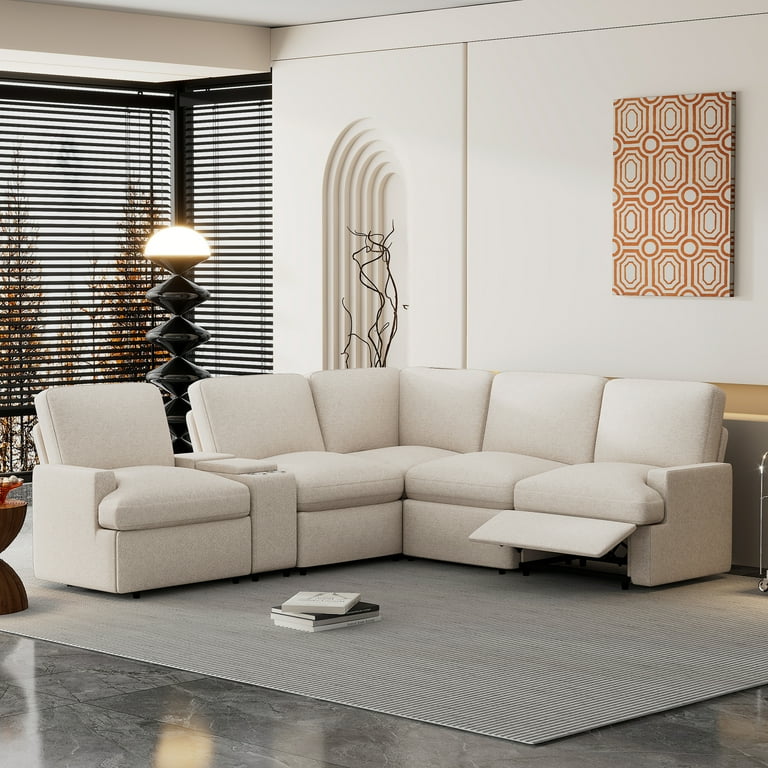 EUROCO 104 Power Recliner Corner Sectional Sofa Couch Linen Home Theater Reclining Sofa with Storage Box Cup Holders 2 recliners 4 USB Ports and Power Socket for Living Room Beige Walmart