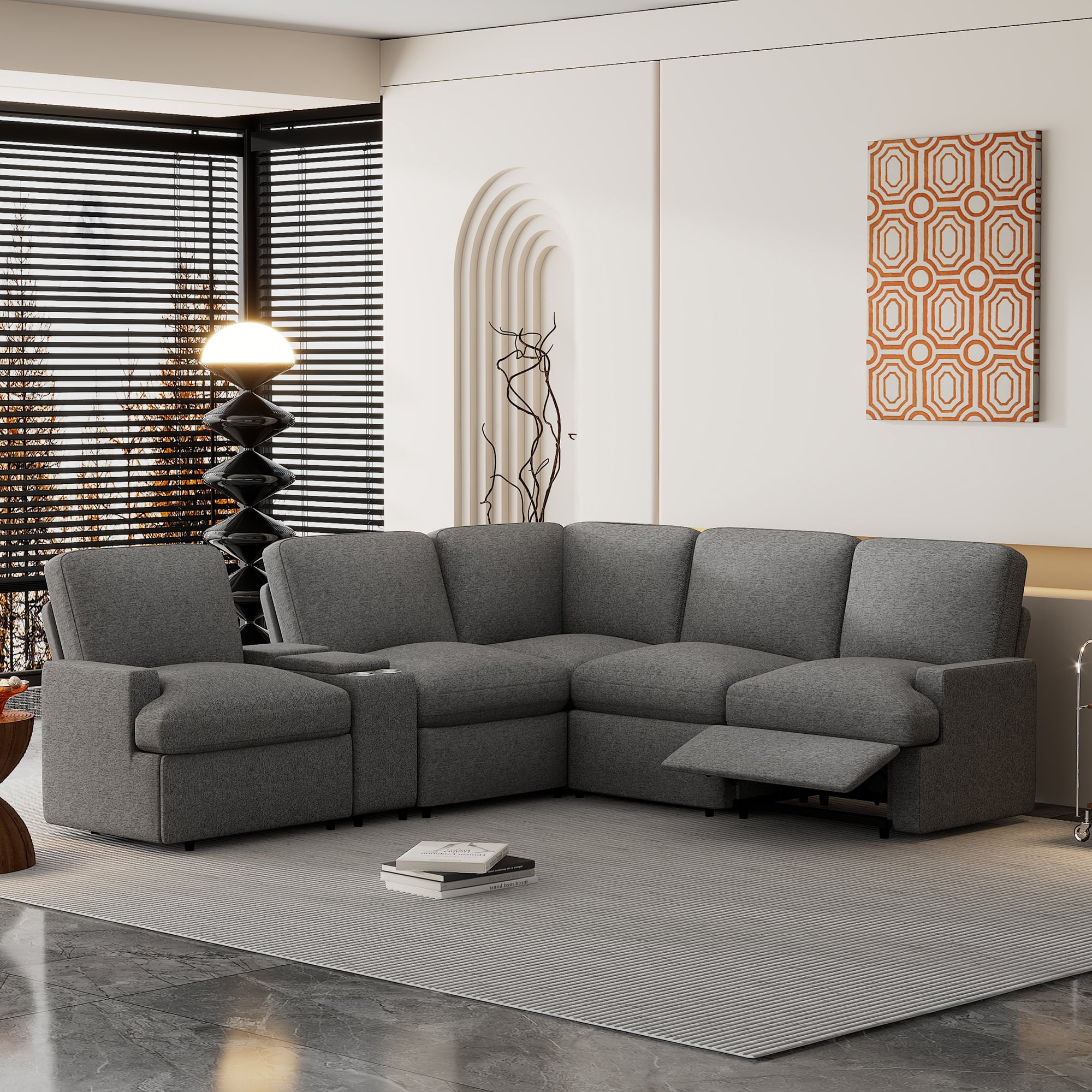 EUROCO 104 Power Recliner Corner Sectional Sofa Couch Linen Home Theater Reclining Sofa with Storage Box Cup Holders 2 recliners 4 USB Ports and Power Socket for Living Room Dark Grey Walmart