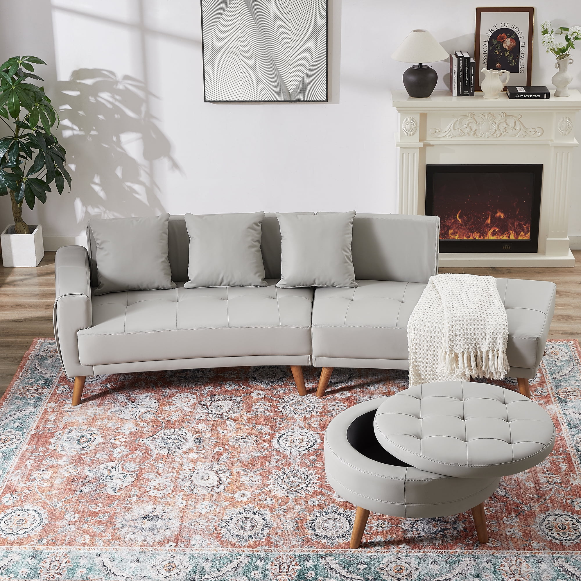 EUROCO 107" Contemporary Sofa Couch, Stylish PU Sofa with a Round Storage Ottoman and 3 Removable Pillows for Living Room, Grey