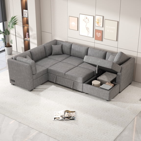 EUROCO 108.6" U-shaped Sectional Sofa Pull out Sofa Bed, Chenille Sofa Couch with 2 USB Ports, 2 Power Sockets, 3 Back Pillows and a Storage Chaise for Living Room, Light Gray