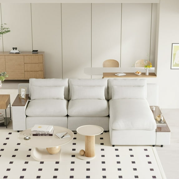 EUROCO 109.8" L-shaped Modular Sectional Sofa Couch, Polyester Sofa with Removable Back Cushions, 3 Pillows and 2 Storage Spaces, Indoor Furniture for Living rooms, Offices, and Apartments, Beige