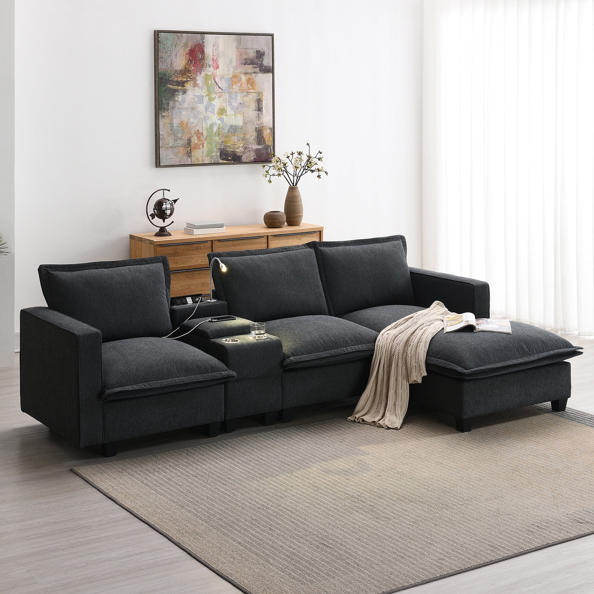 EUROCO 109" Modern Sectional Cloud Sofa, 4 Seat Chenille Modular Couch with Console, USB Charging Port, Reading Light, Cup Holder, Storable Indoor Funiture with Convertible Ottoman, Grey
