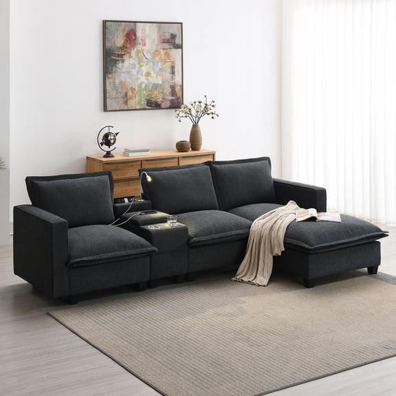 EUROCO 109" Modern Sectional Cloud Sofa, 4 Seat Chenille Modular Couch with Console, USB Charging Port, Reading Light, Cup Holder, Storable Indoor Funiture with Convertible Ottoman, Grey
