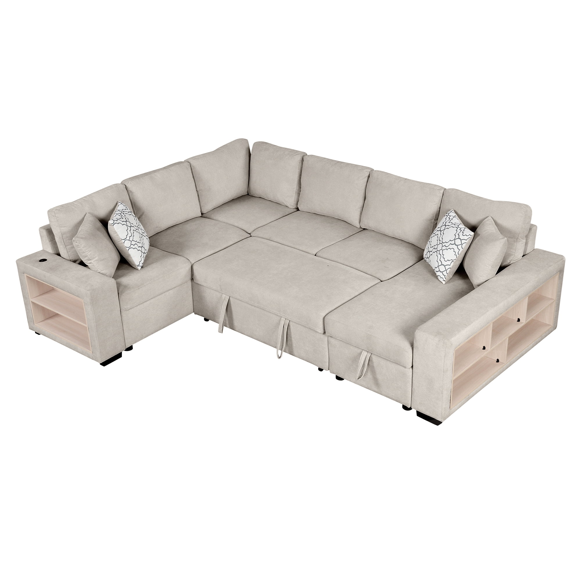 EUROCO 109" U-shaped Sectional Sofa Couch, Chenille Pull-out Sofa Bed with 2 USB Ports, a Storage Chaise Lounge, 4 Back Pillows and Wide Armrest with Storage Shelf for Living Room, Beige